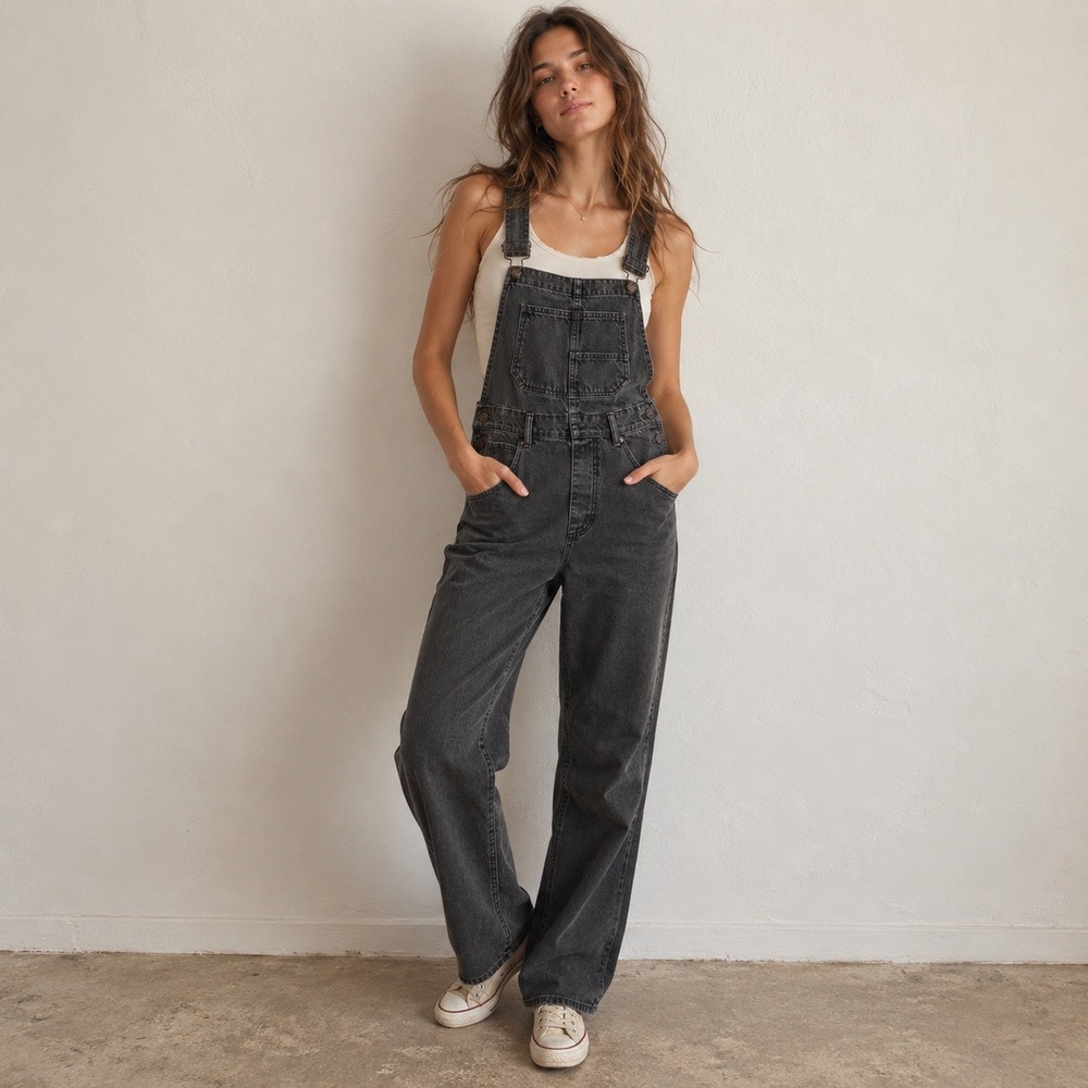 Free People We The Free Ziggy Overalls Womens Small Washed Black Denim Relaxed